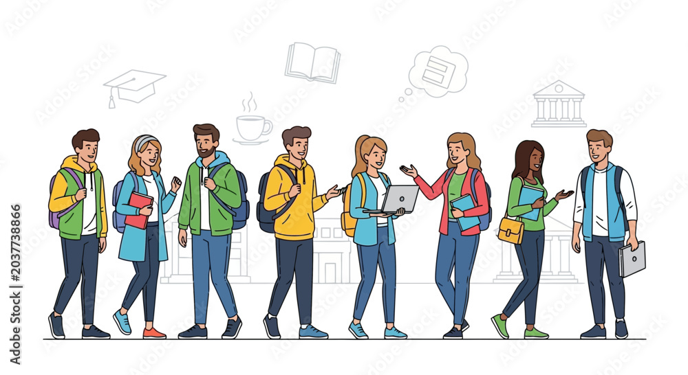 Fototapeta premium Diverse Group of Students Walking on Campus, Education and Learning Concept Illustration