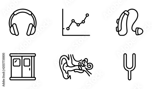 Obraz na płótnie Audiology Icons Set: Hearing Aid, Headphones, Ear Anatomy, Sound Booth, Tuning F