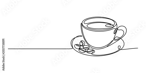 Bild auf Leinwand Continuous single line drawing of a coffee cup with beans on a saucer Vector, il
