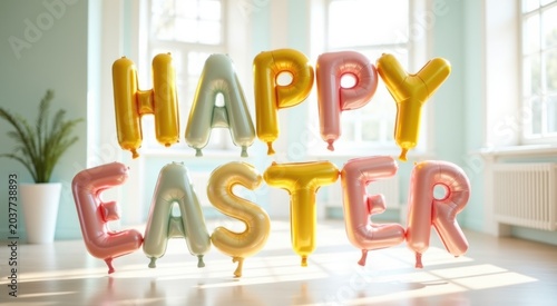 Balloons that say happy easter on a table