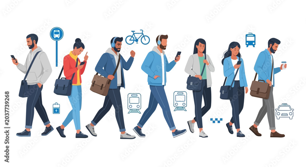 Obraz premium Diverse Group of Young Adults Walking with Smart Devices, Modern Urban Lifestyle Concept