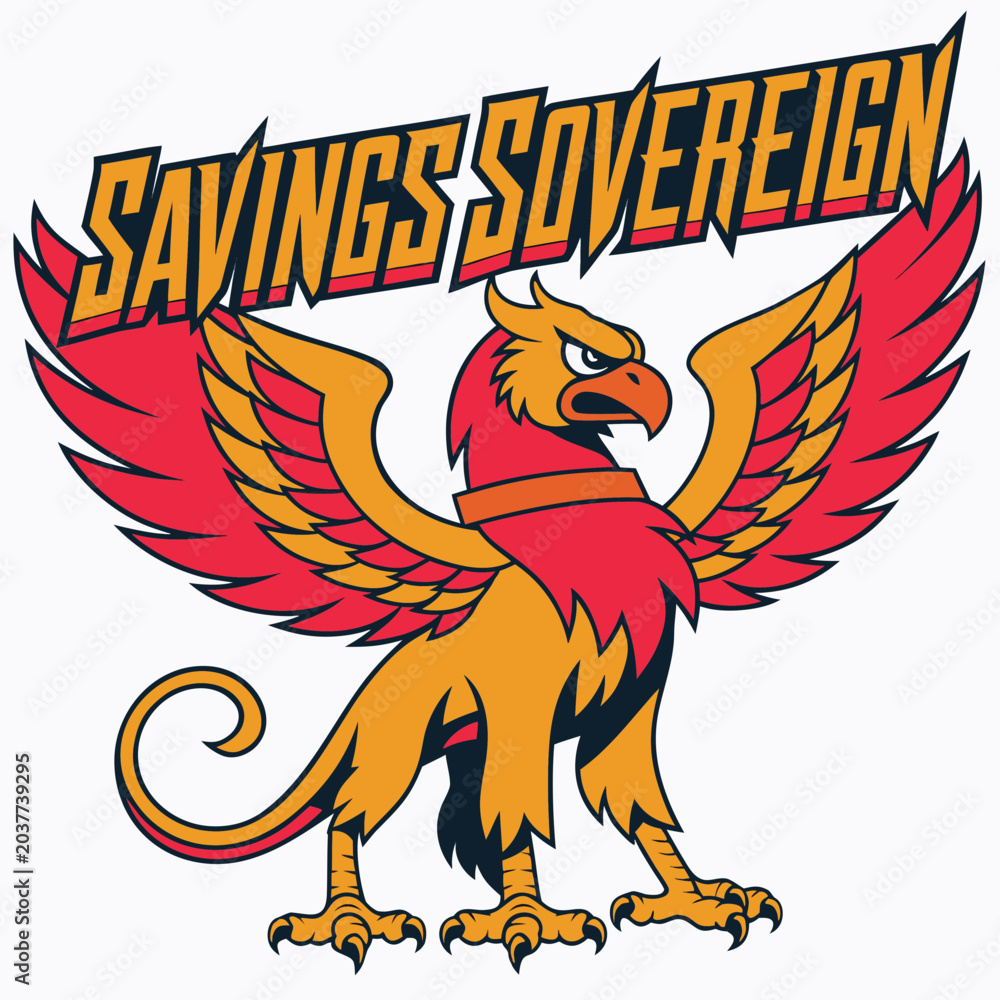 Fototapeta premium Majestic griffin creature mascot standing with spread wings representing savings sovereignty for corporate branding graphic elements.