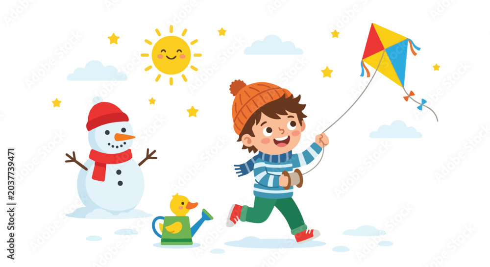Naklejka premium A cheerful young boy in winter attire joyfully flies a colorful kite outdoors, with a snowman and a duck watering can nearby.