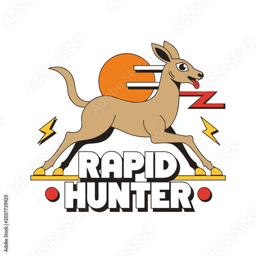 A dynamic cartoon kangaroo runs at high speed, with sun and lightning bolts in background, for sports or mascot design.