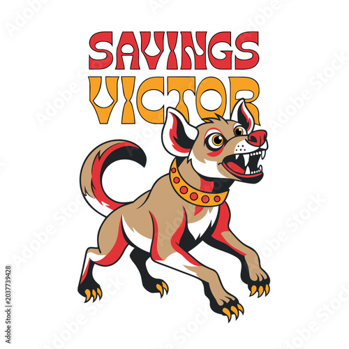 A cartoon hyena-like dog, with sharp teeth and claws, runs fiercely, wearing a collar with gold circles.