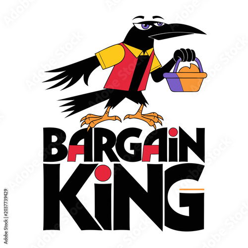 Cartoon raven character wearing vest holding small shopping basket for bargain hunting theme mascot isolated on clear backdrop.