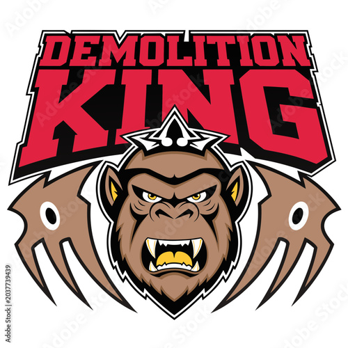 Angry gorilla head emblem with silver crown and sharp metallic blades isolated on transparent background for gaming team logo.