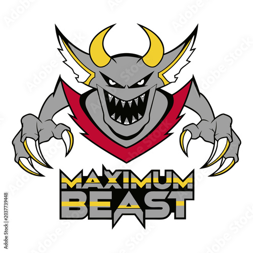 Maximum beast monster mascot logo with sharp teeth and yellow horns designed for competitive gaming and sports teams on transparent grid.