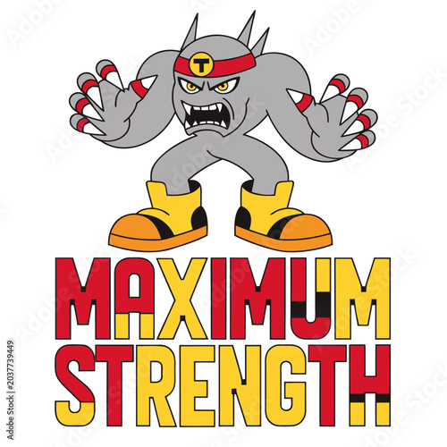 Grey monster mascot character wearing red headband with letter t and yellow boots for fitness sports team emblem illustration.