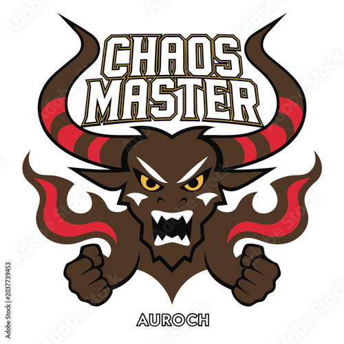 Auroch chaos master esports logo mascot featuring horned bull creature with fierce expression and clenched fists on checkered background.