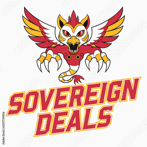 Sovereign deals mascot logo featuring winged griffin creature with sharp talons and vibrant red and yellow colors for corporate branding.