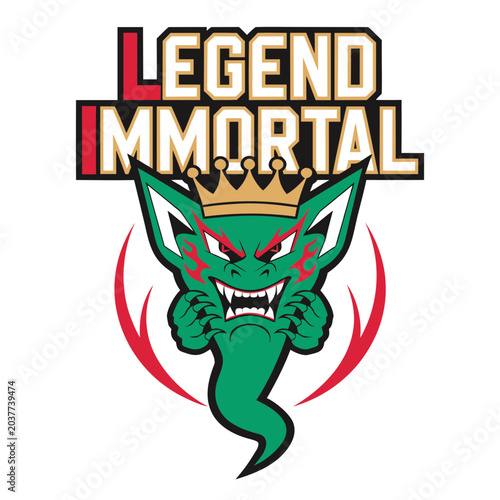 Legend immortal ghost mascot logo featuring green crowned genie creature with sharp claws and flaming red accents on checkered backdrop.