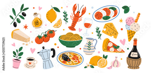 Bild auf Leinwand Mediterranean italian food vector set with pasta, pizza, seafood and wine