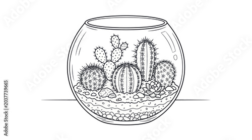 Cacti and succulents in round glass terrarium bowl.