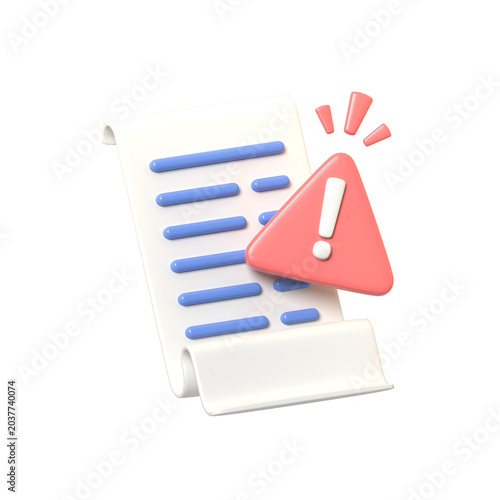 Stylized 3D rendering of a document with an alert warning icon symbolizing errors critical information or important notifications.3d render