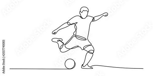 Fotografía Continuous single line drawing of a soccer player kicking a ball during a match