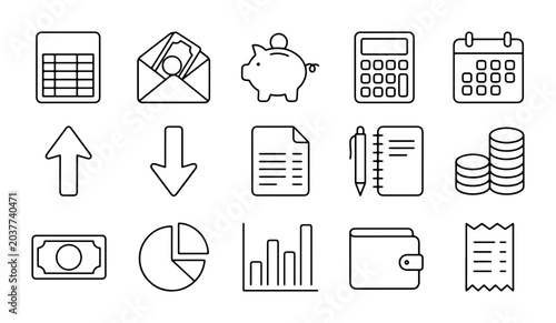 Finance Icons Set, Financial Management Symbols, Business Growth Graphics, Money Management Vector Collection, 15 Elements