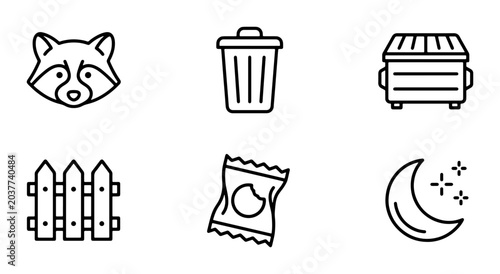 Raccoon Icon Set, Trash Can, Dumpster, Fence, Snack Bag, Moon & Stars, Vector Graphics for Wildlife & Urban Themes