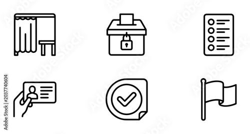 Photos Election Icons Set: Voting Booth, Ballot Box, Checklist, ID Card, Approved Stamp, Flag