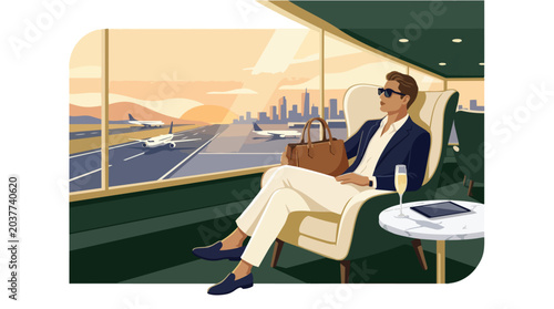 Sophisticated Man Relaxing in Luxury Airport Lounge.