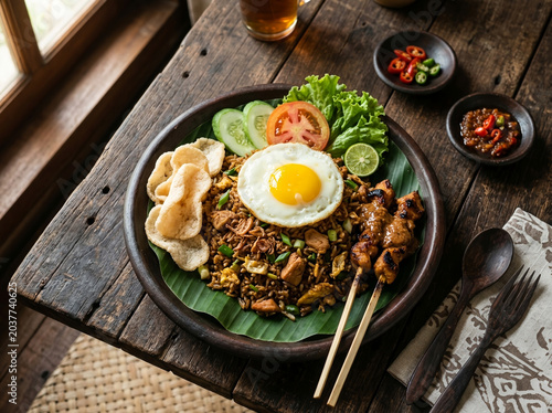 Traditional Indonesian Nasi Goreng with Egg and Chicken Satay