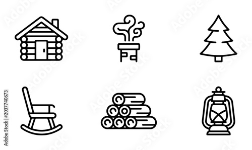 Tableau sur toile Cozy Cabin Icons, Rustic Home Symbols, Winter Lodge Elements, Woodpile, Lantern,