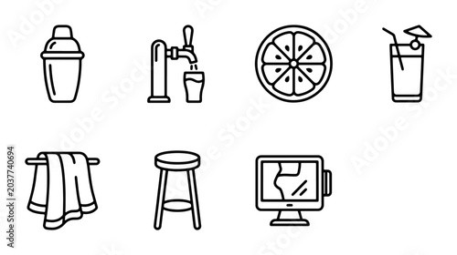 Bar Icons Set: Cocktail Shaker, Beer Tap, Citrus Slice, Drink, Towel, Stool, Monitor, 7 Vector Graphics for Hospitality and Beverage Industry