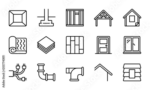 Construction and Building Icons Set: Architectural Elements, Home Renovation, and DIY Tools Vector Graphics for Real Estate and Industry
