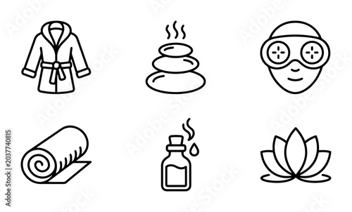 Spa and Wellness Icons Set: Bathrobe, Hot Stones, Face Mask, Rolled Towel, Essential Oil, Lotus Flower, Relaxation, Self-Care, Beauty, Health, Vector Graphics