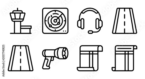 Airport Control Tower, Radar Screen, Headphones, Runway Icons Set, Vector Graphics for Aviation and Navigation