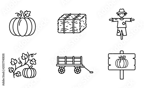 Autumn Harvest Icons: Pumpkin, Hay Bale, Scarecrow, Wagon, 6 Vector Elements for Fall Season Design