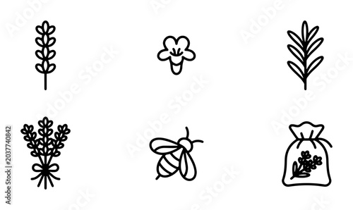 Minimalist Botanical Icons: Lavender Sprigs, Flower, Bee, Sachet, Vector Set for Nature, Wellness, and Craft Designs