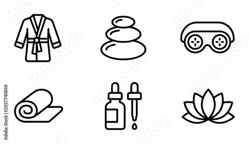 Spa and Wellness Icons: Bathrobe, Hot Stones, Eye Mask, Rolled Towel, Serum Dropper, Lotus Flower, Vector Graphics for Health and Beauty
