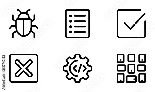 Set of 6 Simple Line Icons: Bug, Checklist, Tick, Cross, Gear Code, Grid Layout - Clean Vector Graphics for Digital Projects