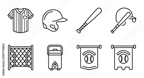 Baseball Equipment Icons Set, Sports Gear Vector Graphics, Athletic Game Elements Collection, Clean Outline Design for Web and Print