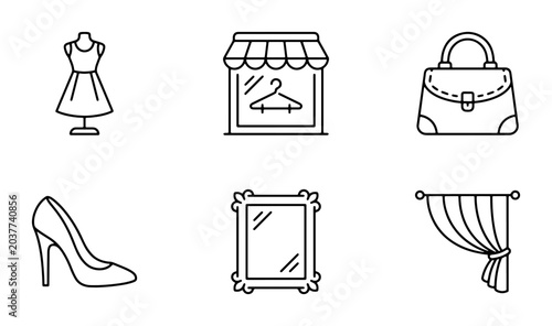 Fashion Boutique Icons Set, Retail Store Symbols, Clothing Accessories Graphics, Vector Elements for E-commerce and Style
