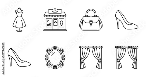 Fashion Boutique Icons Set, Vector Graphics: Dress Form, Storefront, Handbag, High Heels, Mirror, Curtains. Chic Style Elements for Retail and Design.