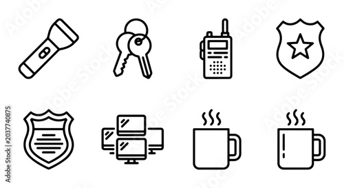 Foto Police Security Icons Set: Flashlight, Keys, Radio, Badges, Computers, Coffee Mu