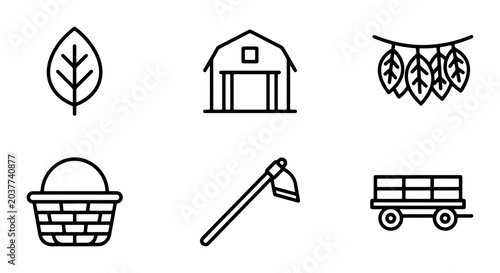 Farm Icons Set, Rustic Barn, Leaf Garland, Woven Basket, Hoe Tool, Wagon Vector Graphics, Agricultural Outline Collection