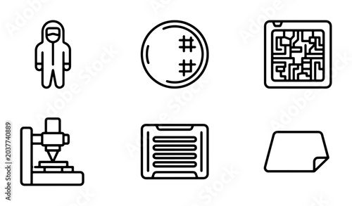 Science and Technology Icons: Lab Equipment, Microchip, Scientist, Petri Dish, CNC Machine, Data Chip - Vector Graphics