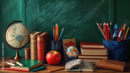 Classroom Desk with Globe, Books, and Supplies for Education