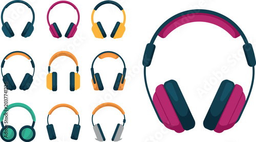 Foto Colorful headphones and modern headset vector icons set for audio music podcast