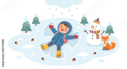 A happy young child creates a snow angel in a winter wonderland featuring a snowman, a fox, and pine trees during a gentle snowfall.