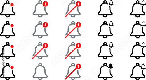 Cuadro en lienzo Notification bell icon set with red unread message badge and mute symbol for web