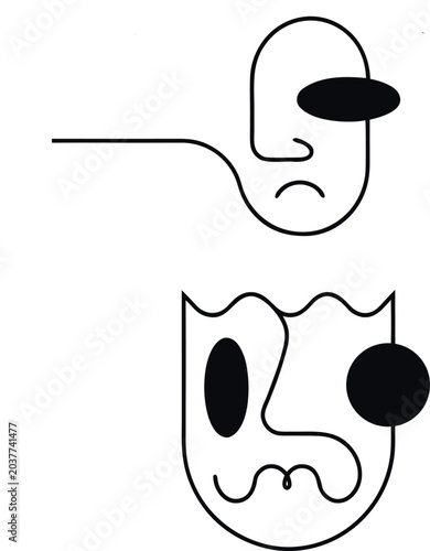 Quadro em tela Minimalist faces, abstract illustrations, black line art, emotive expressions, v