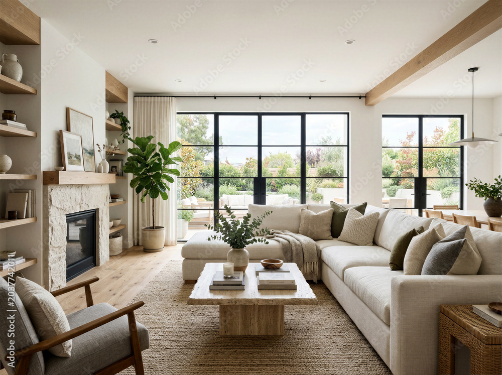 Fototapeta premium Bright modern living room with large windows fireplace and neutral decor