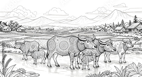 A coloring page with a cow and a village