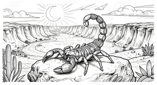 A scorpion in the desert coloring page