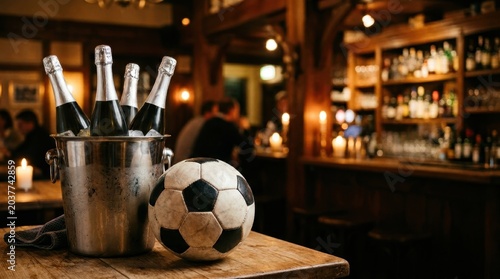 Bottles of champagne in an ice bucket with a soccer ball on a wooden table in a bar