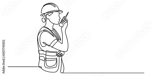 Tableau sur toile Continuous line drawing of a female construction worker wearing a hard hat and s